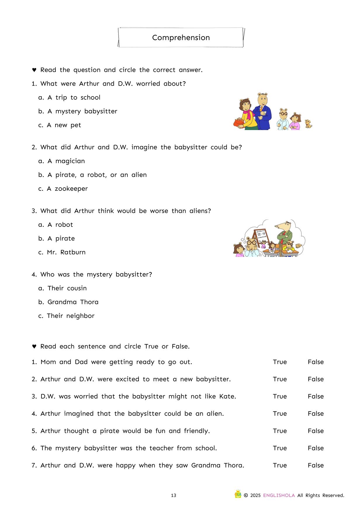 Arthur’s Mystery Babysitter workbook